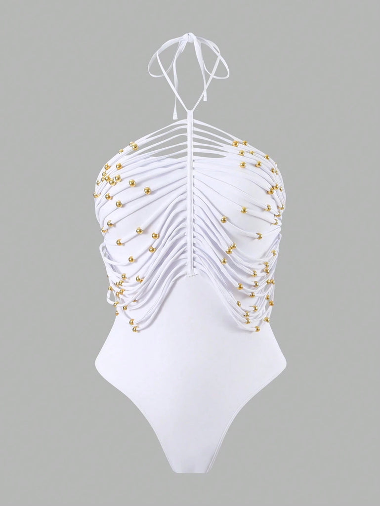 Swim Chiccia Crew Neck, Halter Style, White Hollow Out Metal Beaded