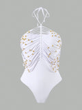 Swim Chiccia Crew Neck, Halter Style, White Hollow Out Metal Beaded