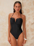 One-piece swimsuit with a V-neck and elegant petal cut