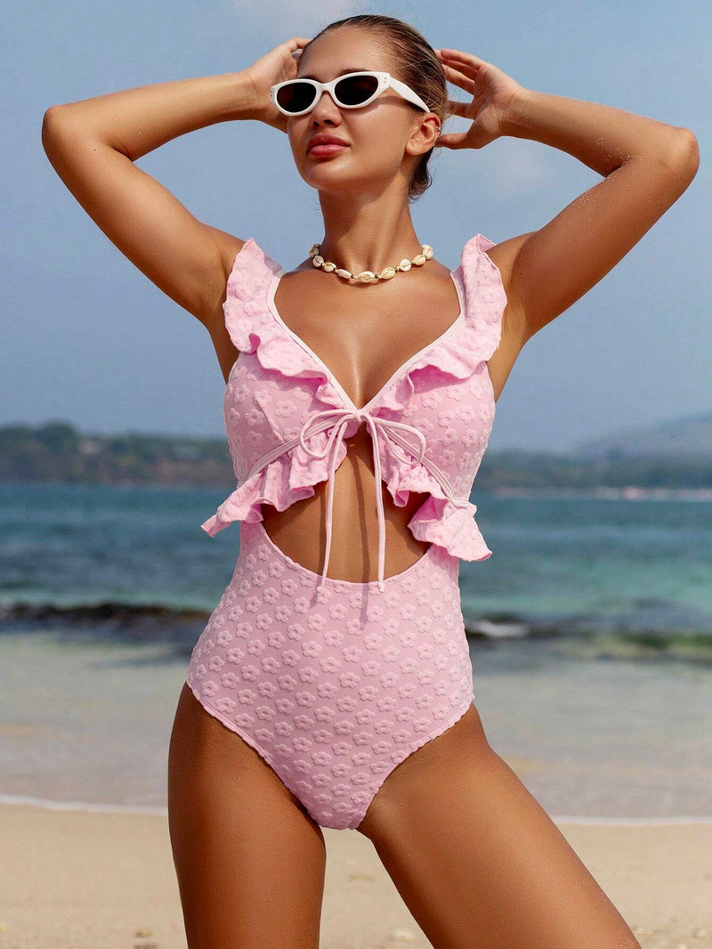 Swim Mod Ladies’ Beach Vacation Solid Color Jacquard Ruffle Trim One-Piece