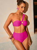 Swim Oasis Women’s 3pcs Hot Pink Sexy Bikini Set With One Shoulder Design