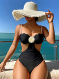 Swim Vcay Beach Outfit For Women, One-Piece Black Pearls Strap Hard Cup