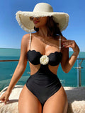 Swim Vcay Beach Outfit For Women, One-Piece Black Pearls Strap Hard Cup