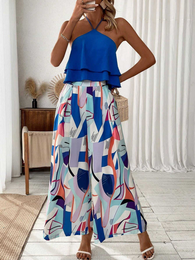 Women’S Halter Top And Full Printed Wide Leg Pants Set