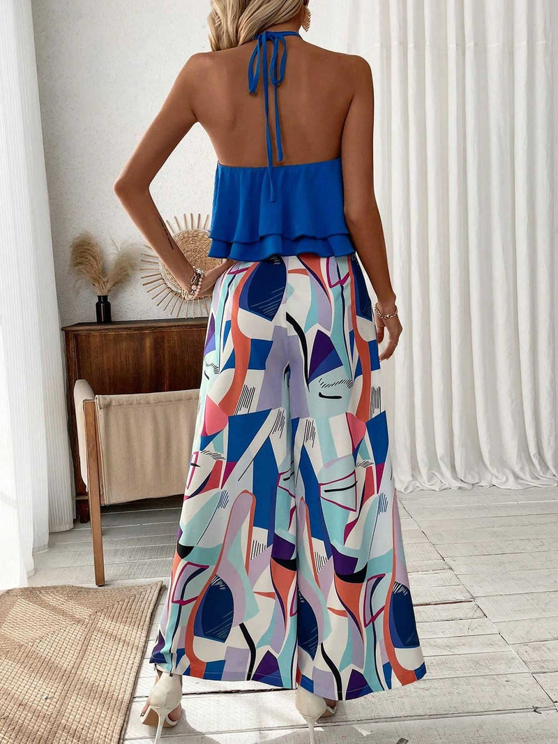 Women’S Halter Top And Full Printed Wide Leg Pants Set