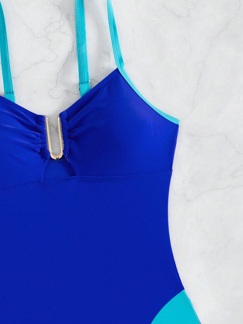 Women’s Color-Block Hollow Out Casual One-Piece Swimsuit With Straps