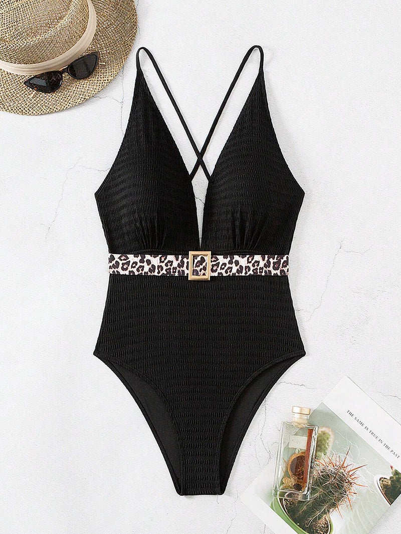 Women’s Leopard Print One-Piece Swimsuit With Backless & Knotted Design Waistband