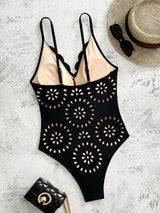Women's swimsuit with removable padding, nylon fabric, hollow-out pattern design