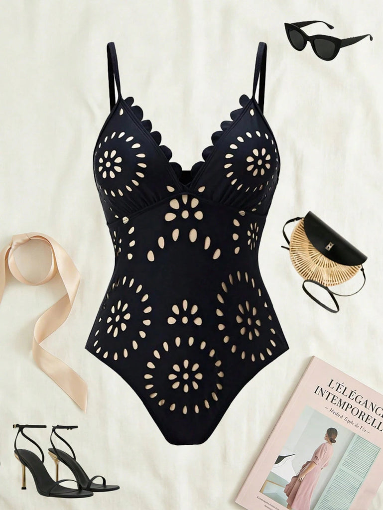 Women's swimsuit with removable padding, nylon fabric, hollow-out pattern design