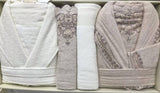 A Turkish robe set with guipure, lace and 100% bamboo cotton, 6 pieces 2 women's robes  2 towels 50 x 90 cm  2 bathrobes 90 x 150 cm