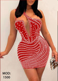 Sexy Mesh Patchwork Rhinestones Crystal Mini Dress