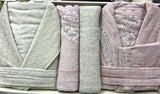 A Turkish robe set with guipure, lace and 100% bamboo cotton, 6 pieces 2 women's robes  2 towels 50 x 90 cm  2 bathrobes 90 x 150 cm