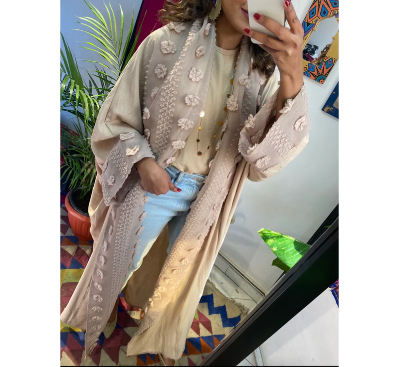 Shawl collar beige linen kaftan