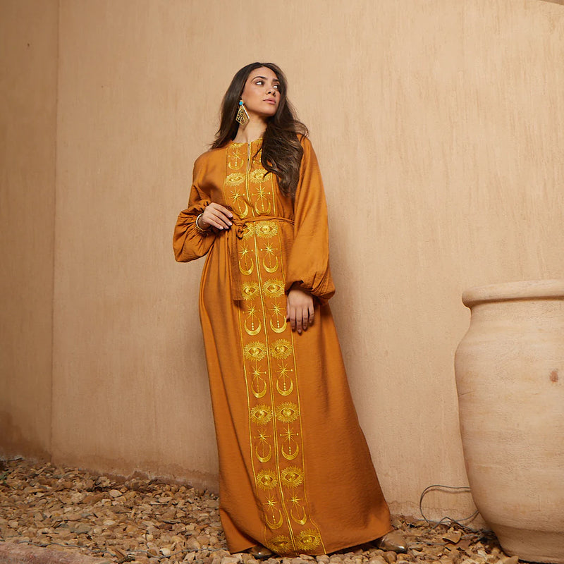 Burnt orange embroidered dress