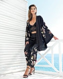Black Floral Pajama Set With Dressing Gown