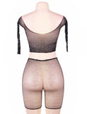 New Two Piece Fishnet Rhinestone See Through Long Sleeve Top and Shorts Set