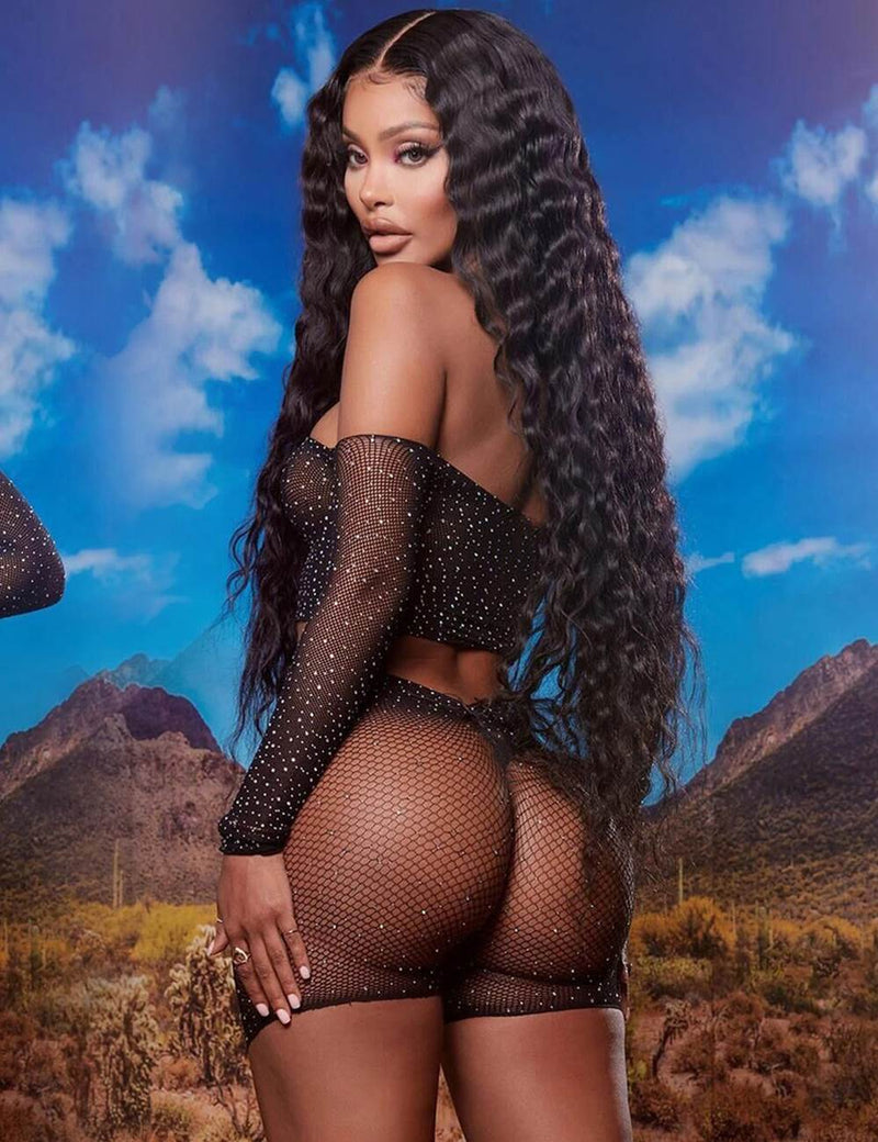 Two Piece Fishnet Rhinestone See Through Long Sleeve Top and Shorts Set