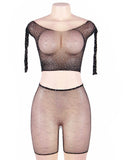 New Two Piece Fishnet Rhinestone See Through Long Sleeve Top and Shorts Set