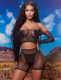 New Two Piece Fishnet Rhinestone See Through Long Sleeve Top and Shorts Set