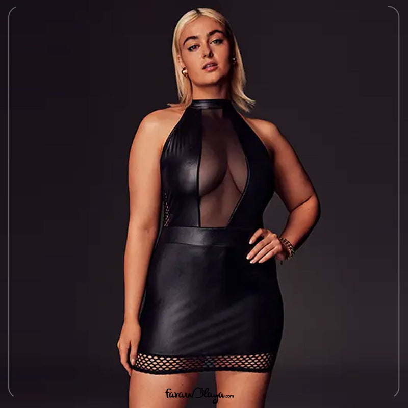 Sexy Solid Black Color Halter Leather Lingerie Dress