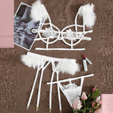 Sexy 3pcs Embroidery Applique Feather Bra Panty Set With Underwire