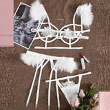 New Sexy 3pcs Embroidery Applique Feather Bra Panty Set With Underwire