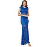 Short Sleeve Black  and Blue Lace Backless Party Gown
