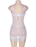 Stretch Lace and Dot Mesh White Garter Slip Egypt Set With Underwire