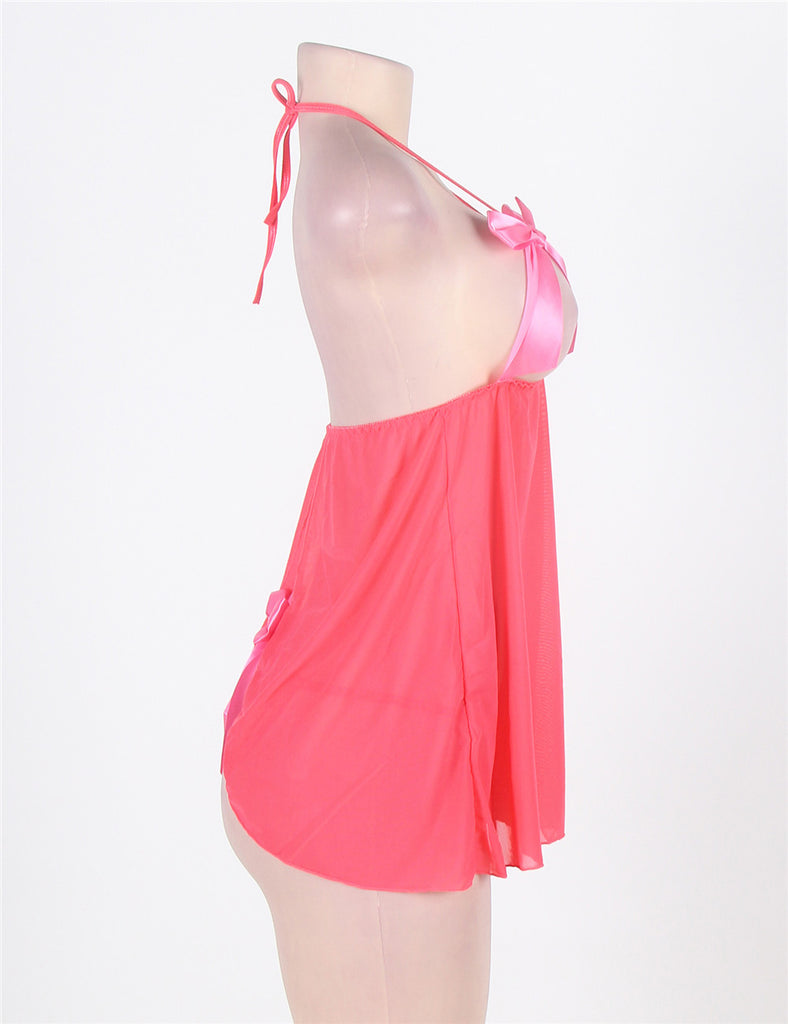 Pink Open Cup Satin Bows Babydoll