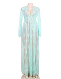 New Green and Nude Lace Long Sleeve Maxi Dress