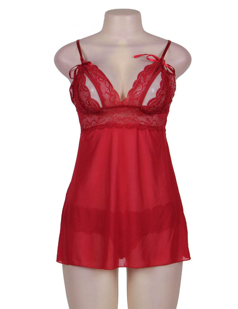 Black & Red Sweetheart Scalloped Lace Decor Babydoll