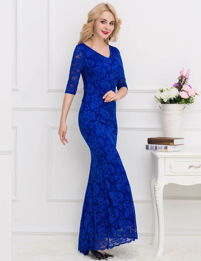 Royal Blue Lace Floral Long Party Dress