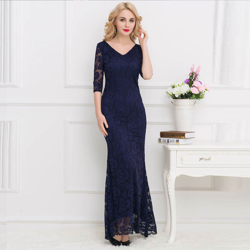 Royal Blue Lace Floral Long Party Dress