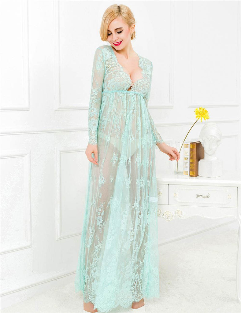 New Green and Nude Lace Long Sleeve Maxi Dress