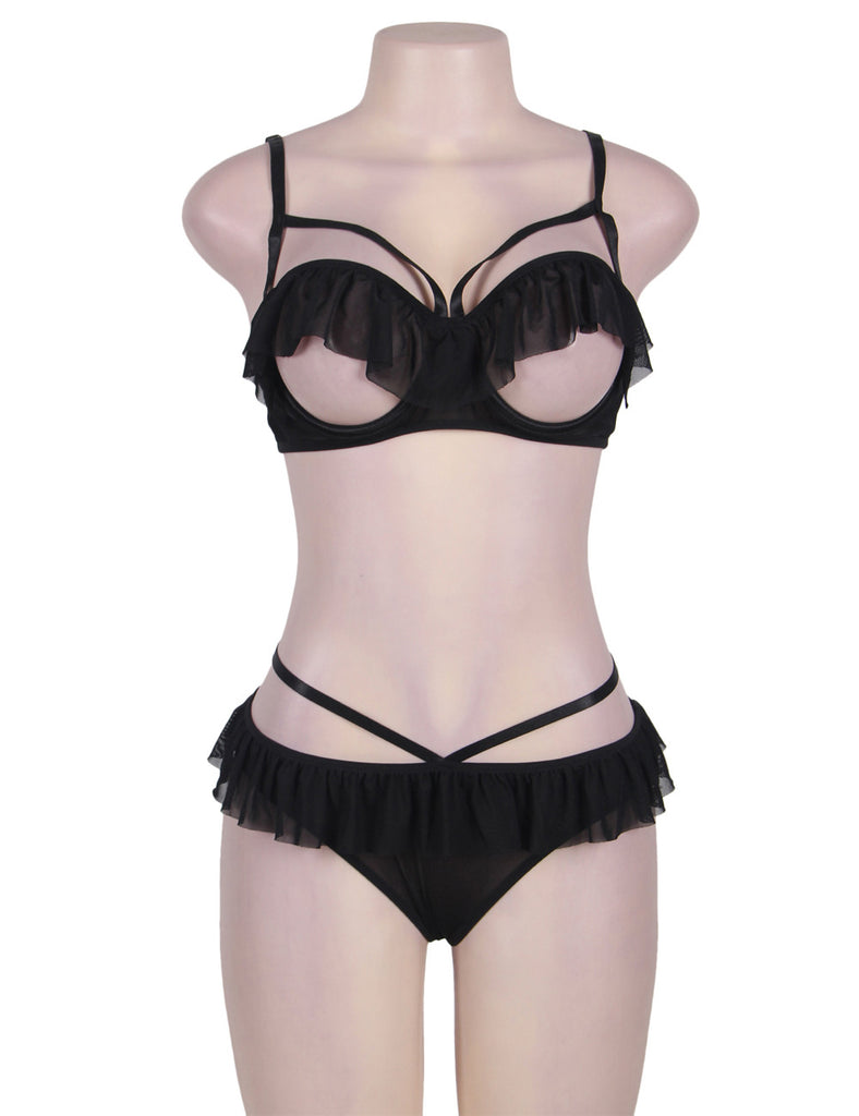 Open Cup Ruffle Black Bra And Panty Set