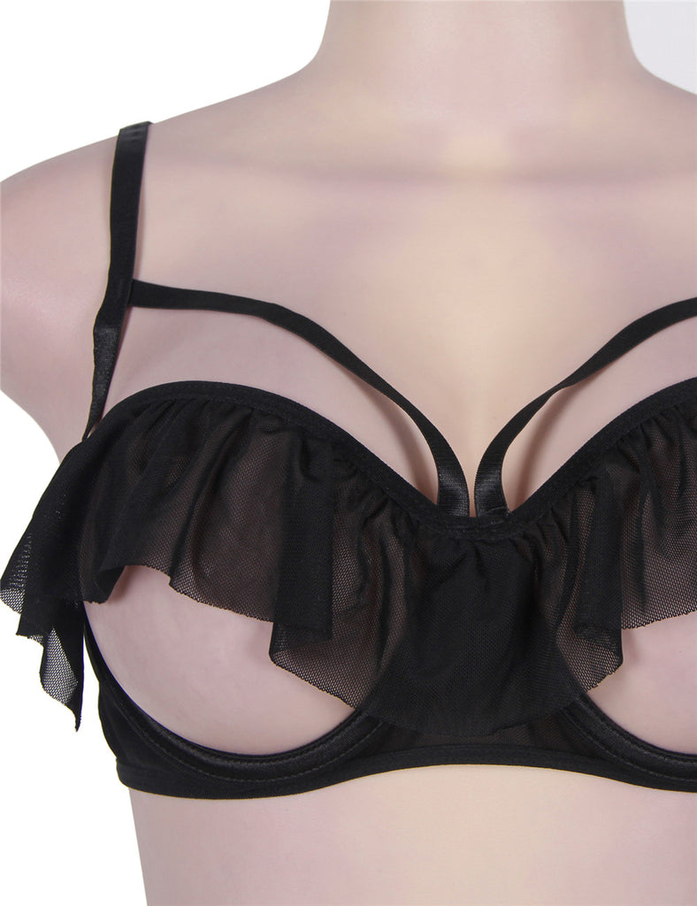 Open Cup Ruffle Black Bra And Panty Set