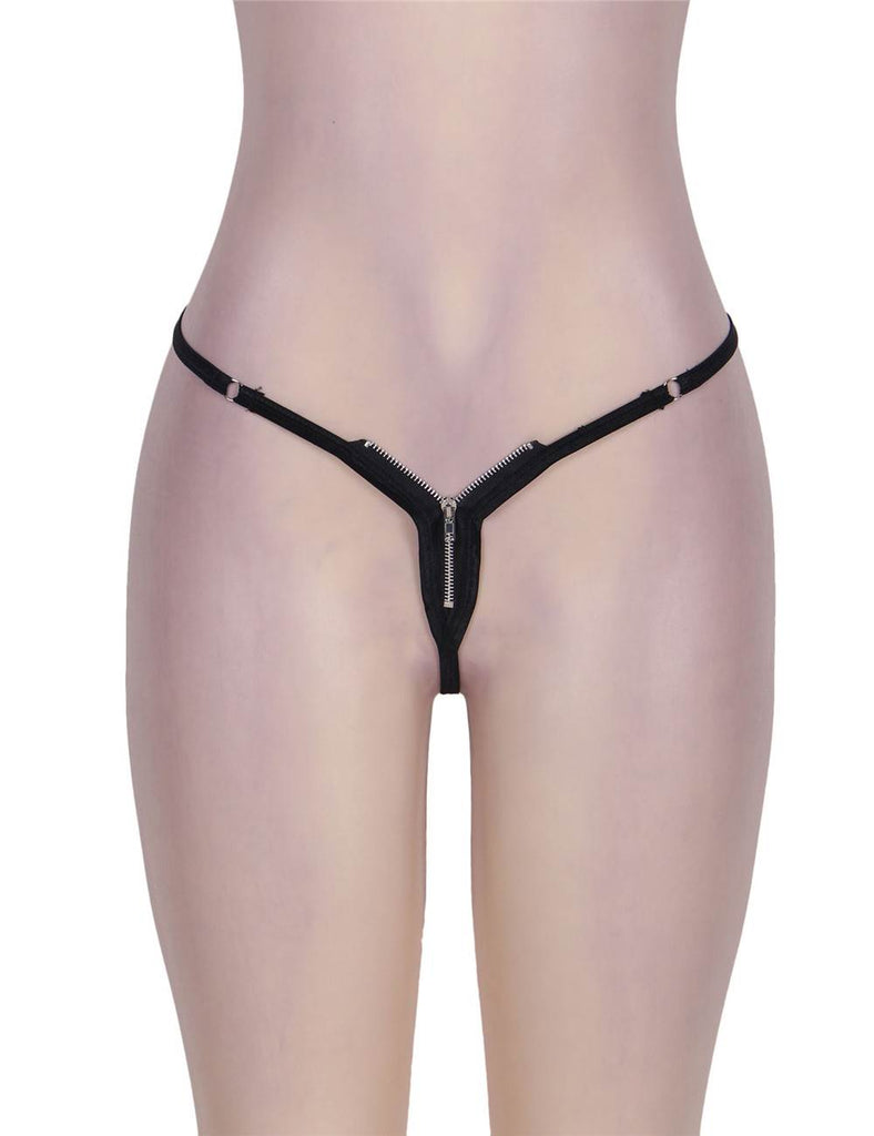 Zip Front Sexy Black Thong Knickers