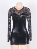 Leather Patchwork Lace Round Neck Front Pleat Long Sleeve Sexy Leather Miniskir