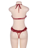 Red Lace Halter Babydoll Showing Nipples