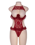Red Lace Halter Babydoll Showing Nipples