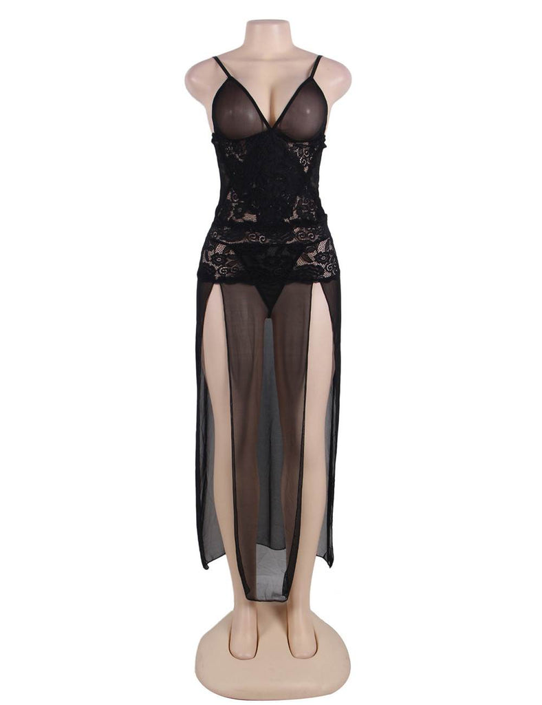 Black Mesh And Lace Elegant Lingerie Gown With Farawlaya
