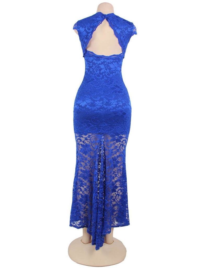 Short Sleeve Black  and Blue Lace Backless Party Gown