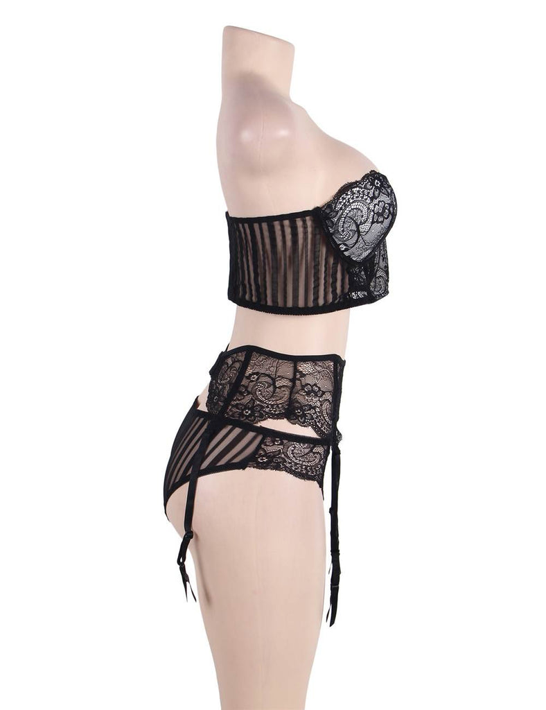 Seductive Black 3 Piece Delicate Lace Bra Garter Set