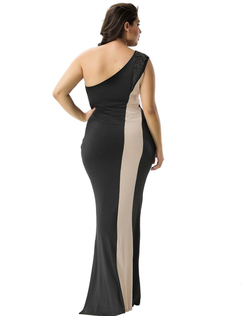 Black And Nude One Shoulder Maxi Dress
