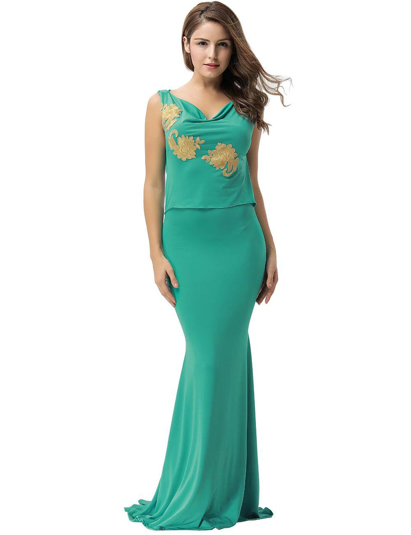 Green Elegant Embroidery Backless Sleeveless Party Gown