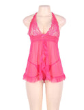 Big Size Pink Sheer Stretch Lace and Net Open Back Babydoll