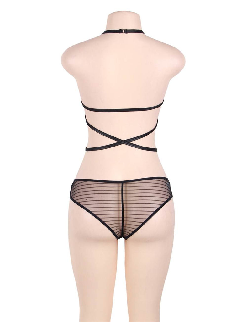 Black Backless Striped Lace Teddy