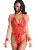 Red Lace Ruffle Teddy with Wrist Restraints