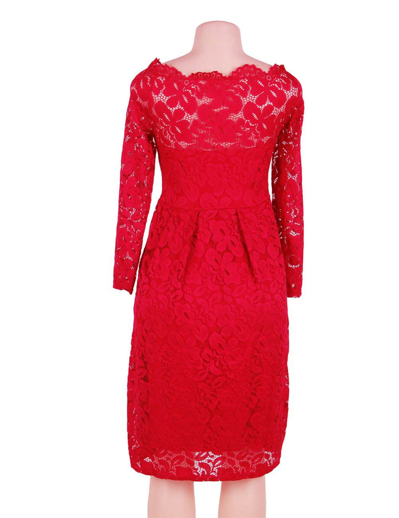 Long Sleeve Fashion Red Lace Midi Dress Egypt