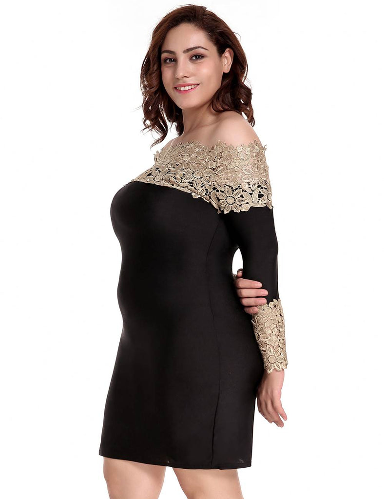 Plus Size Long Sleeve Off-Shoulder Fashion Lace Dress